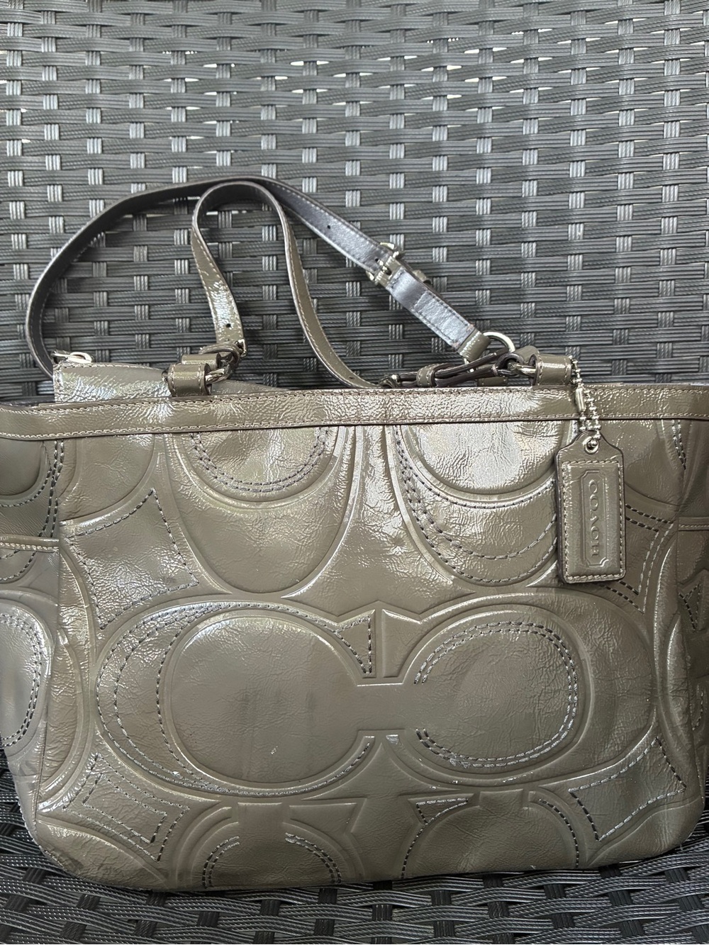 Coach Metallic Taupe Patent Signature Shoulder Tote